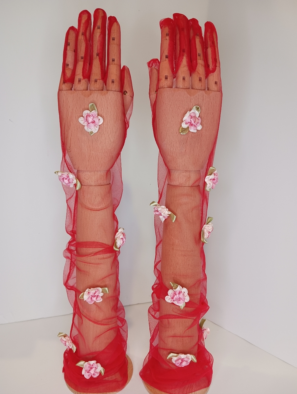 Sheer Red Floral Appliqué Long Gloves - Women Accessories